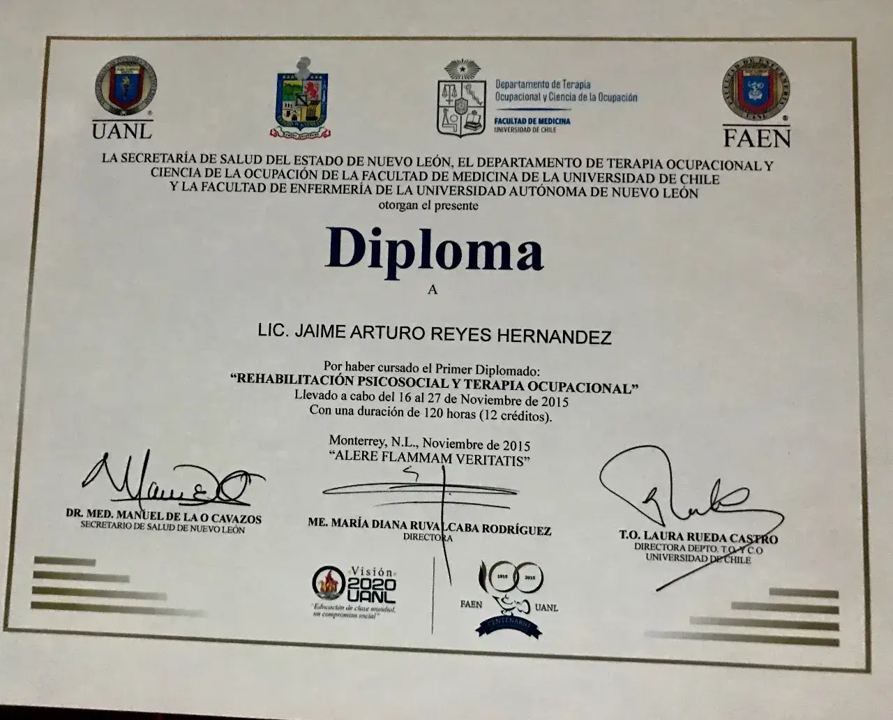 Diploma del Psicólogo Jaime Reyes