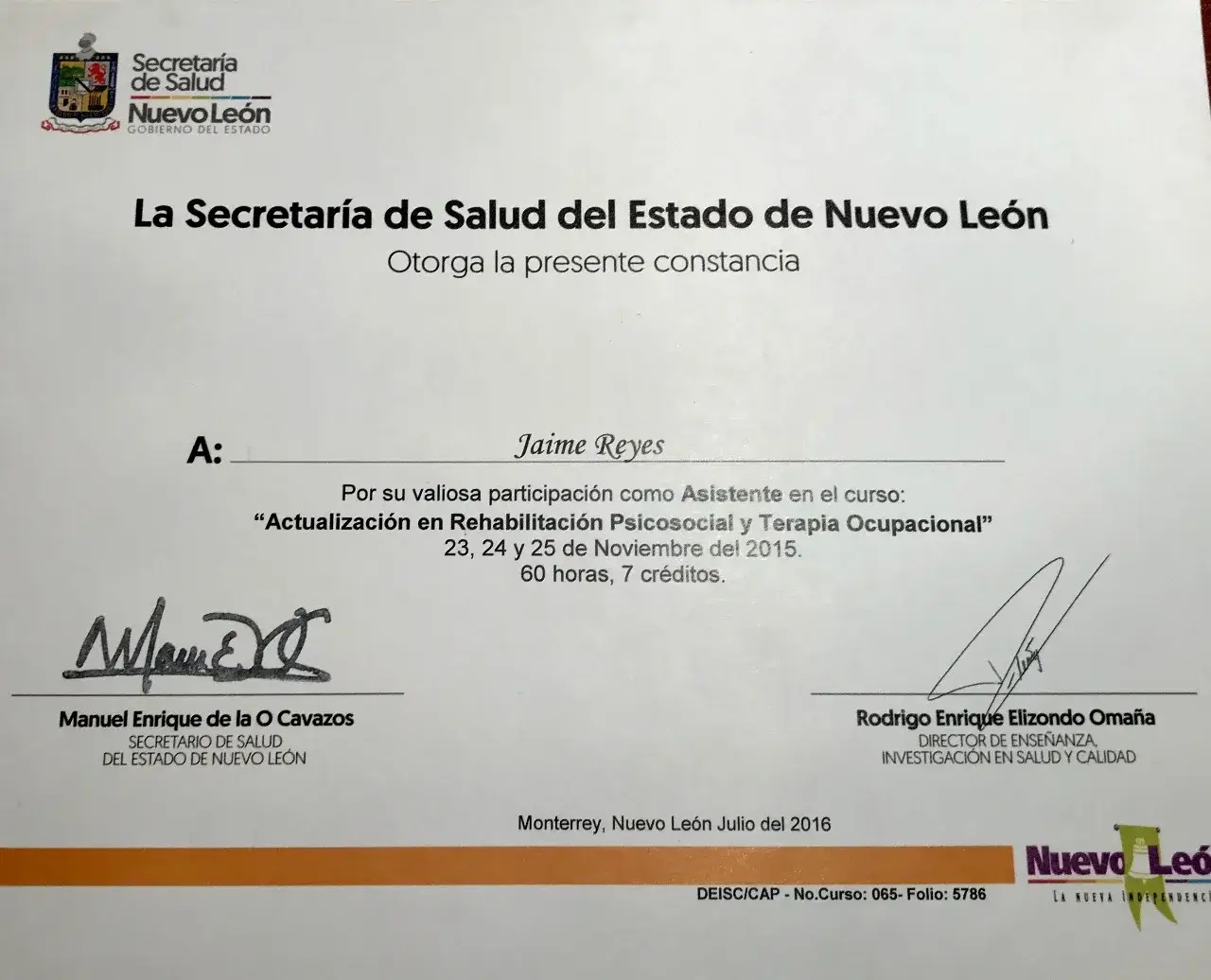 Diploma del Psicólogo Jaime Reyes